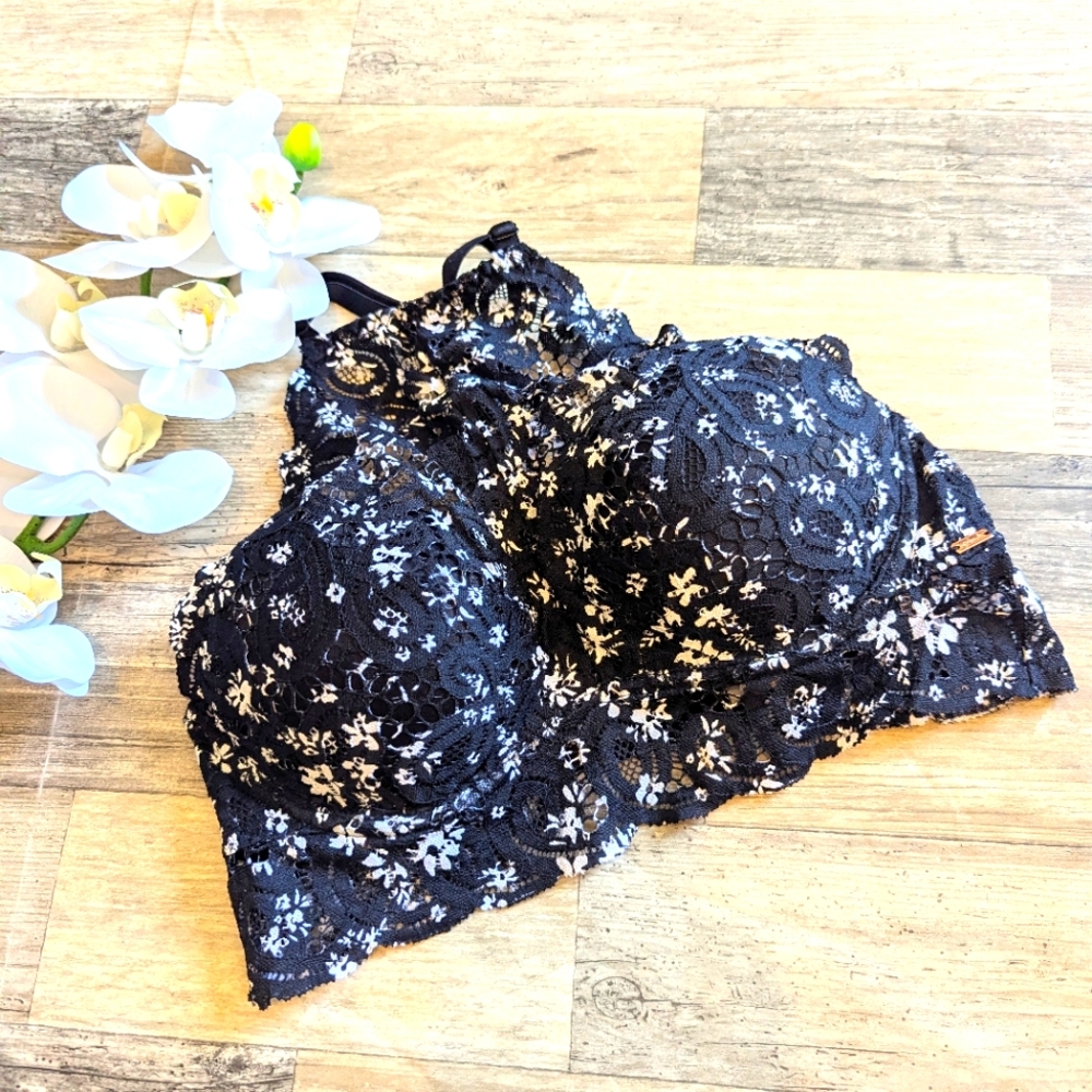 Victoria's Secret PINK high neck black floral underwire pushup bra bralette S
